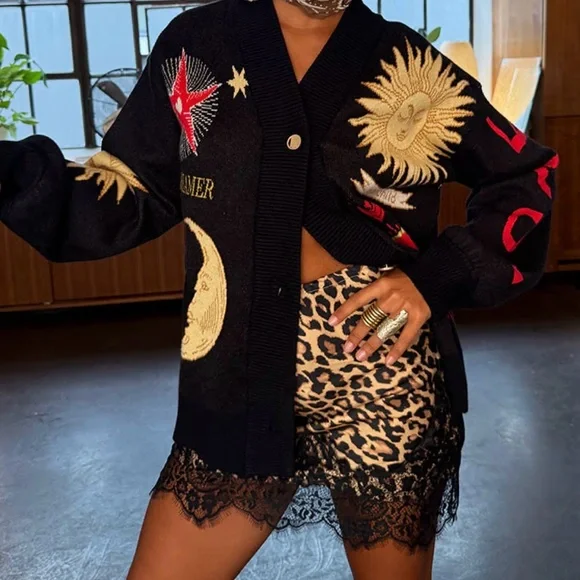 Never Fully Dresses Black  Cardigan with Sun and Moon Embroidery. Size XS. - Picture 4 of 4